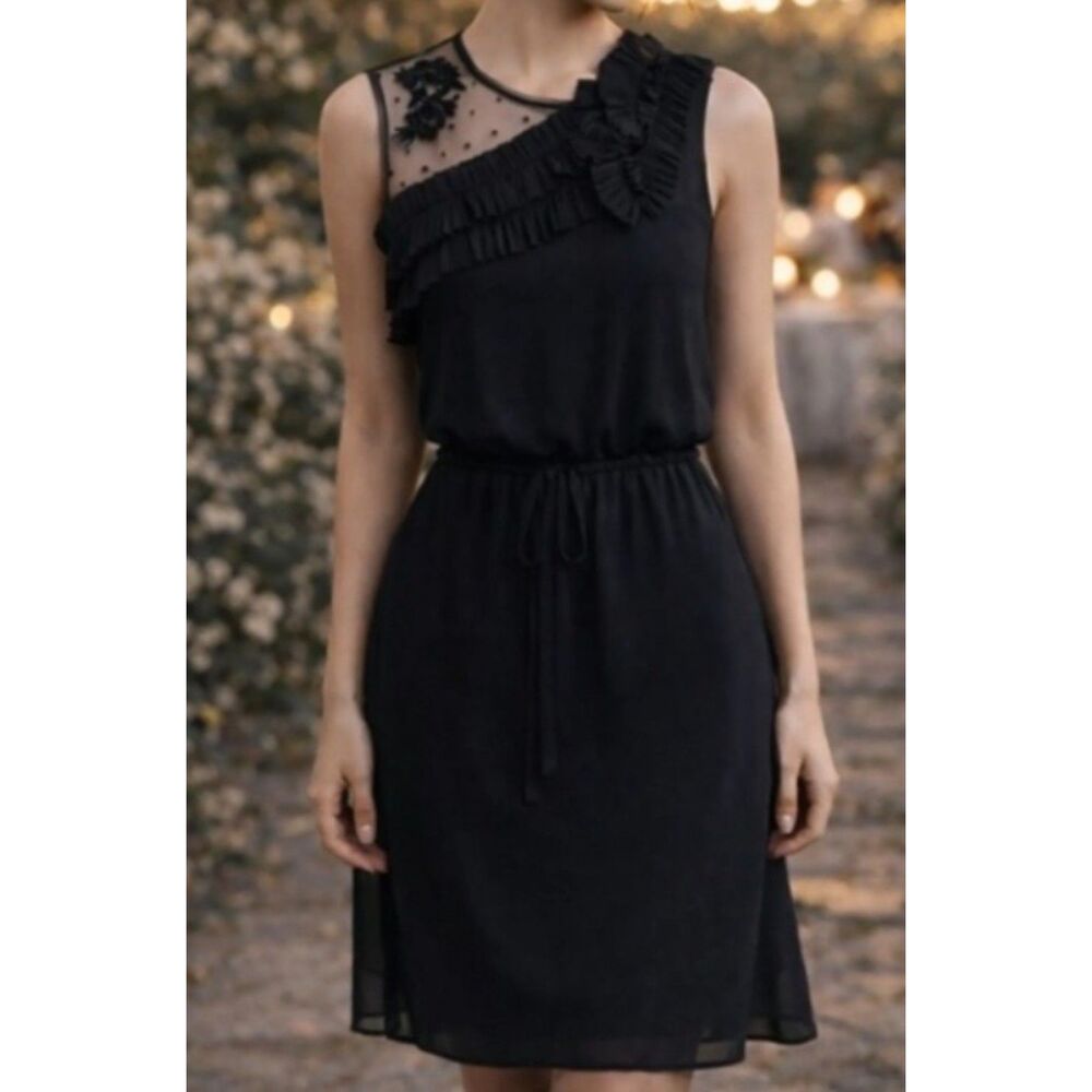 BCBGMaxAzria mesh floral lace applique drawstring waist sleeveless mini dress